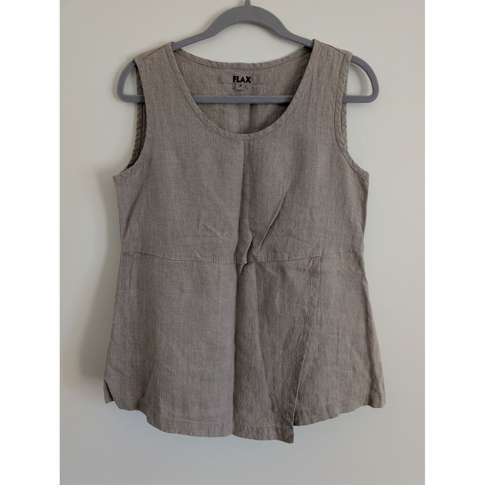 FLAX Women P Sleeveless 100% Linen Wrap Front Tunic Top neutral tan lagenlook